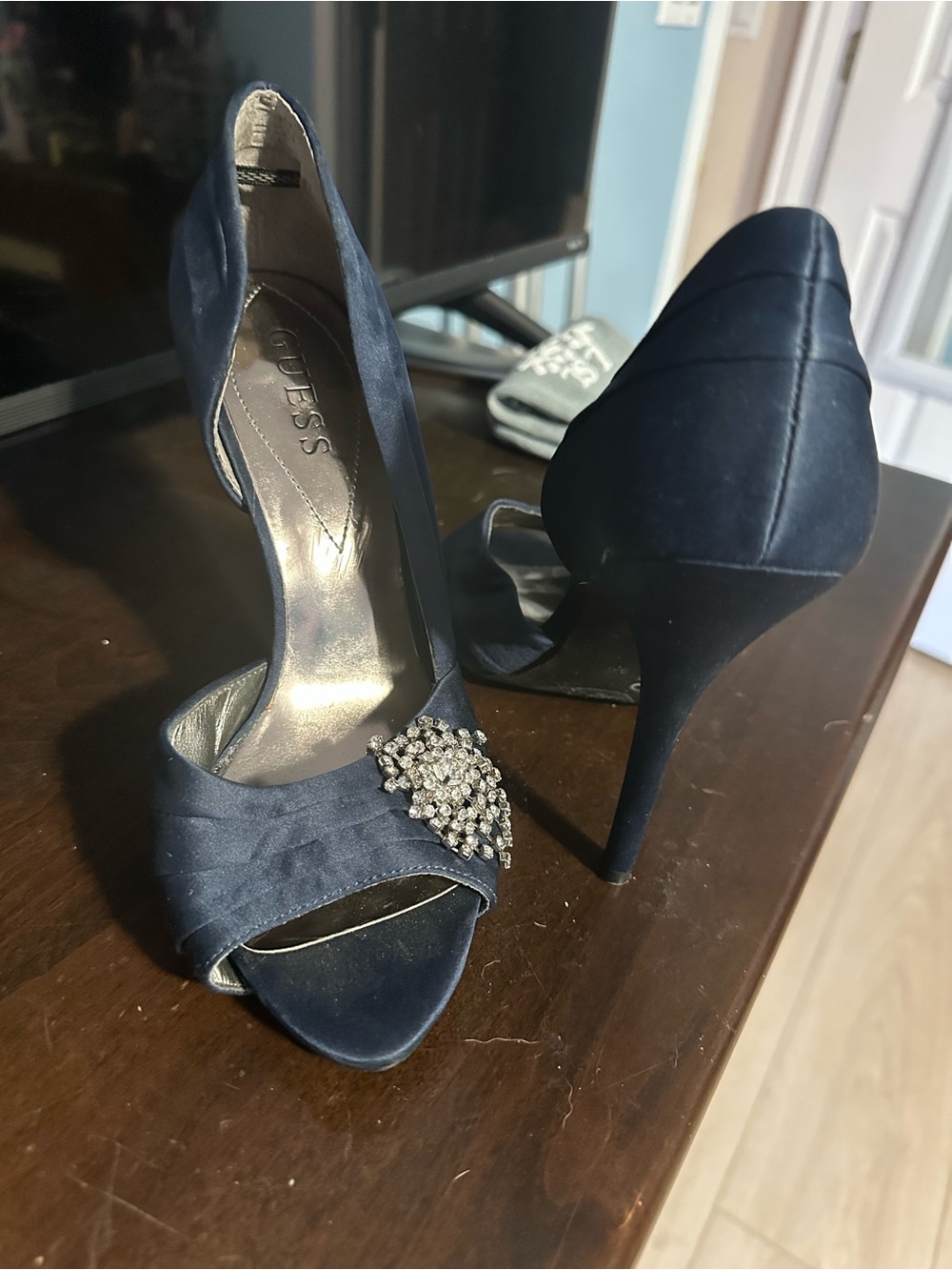 GUESS Navy Satin Crystal Brooch Peep-Toe Stilettos